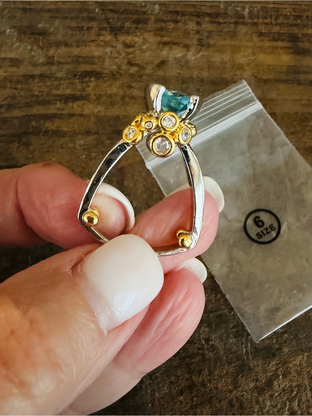 Sz. 6 ~ Faux Blue & Clear Topaz Gold & Silver Tone Costume Jewelry Brand New